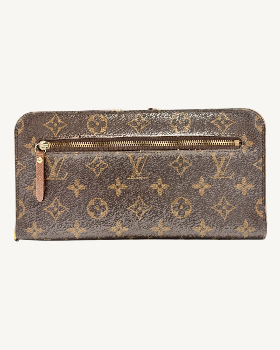 Brown Monogram Insolite wallet exterior with horizontal zip pocket and leather zipper pull
