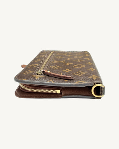 End view of Louis Vuitton Insolite wallet showing gold-tone D-ring and zippered compartment