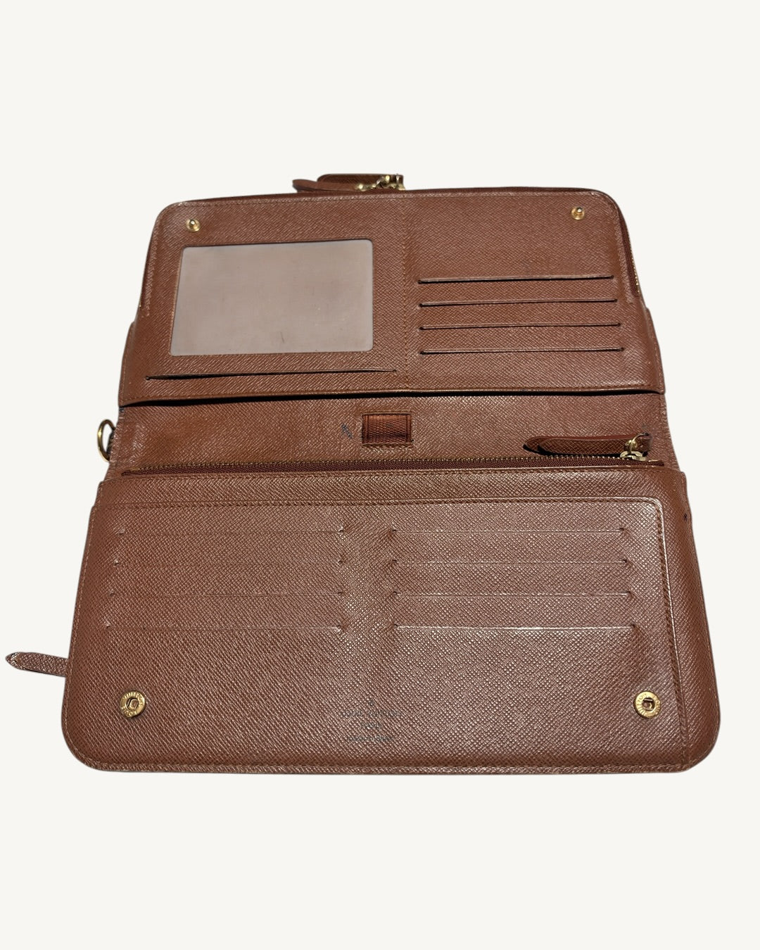 Open Insolite Organizer Wallet showing brown interior, ID window, card slots, pen loop and snaps