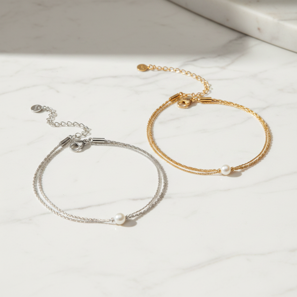 Marble Editorial — Pearl Anklet Gold & Silver
