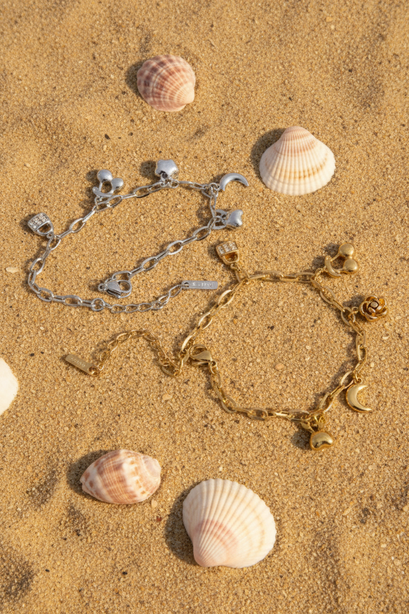The Celeste — Gold & Platinum Beach Flat Lay